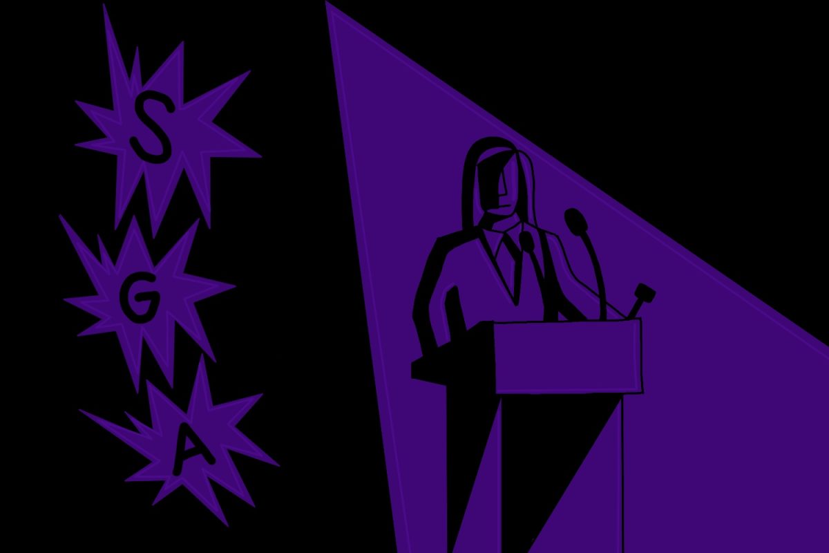 A black and purple illustration of a person speaking at a podium with the letters “S”, “G” and “A” inside abstract shapes on the left.