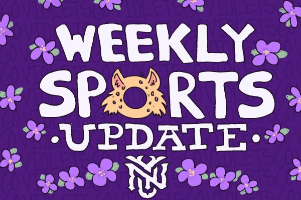 An illustration of bold white text that says “Weekly Sports Update” on a purple background.