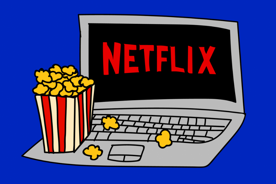 An illustration on a blue background of popcorn and a laptop with the Netflix logo on the screen.