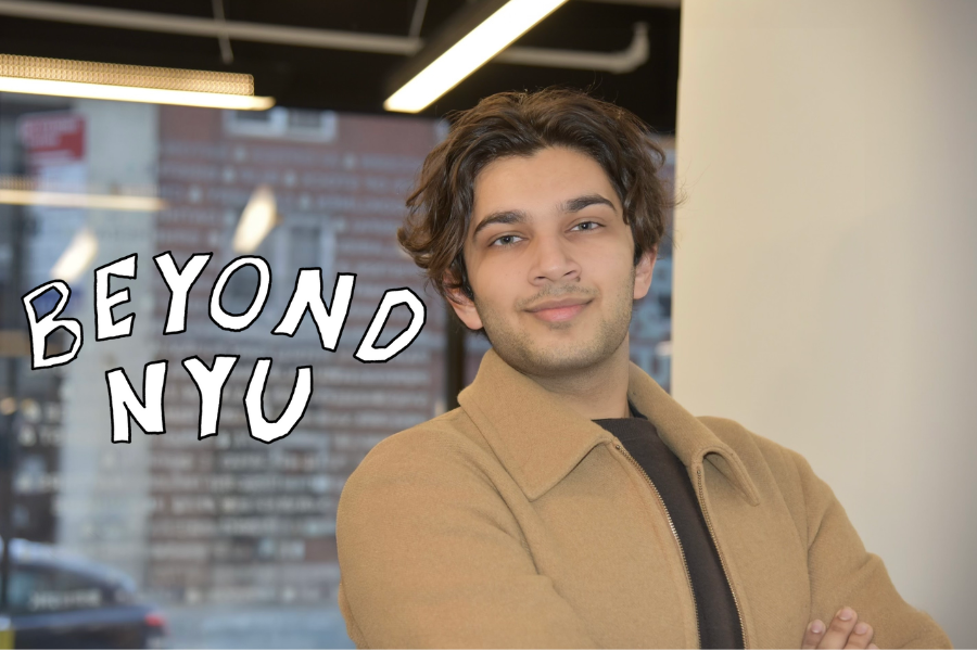 A man with his arms crossed smiles at the camera. To his left, “BEYOND N.Y.U.” is written in bold white text.