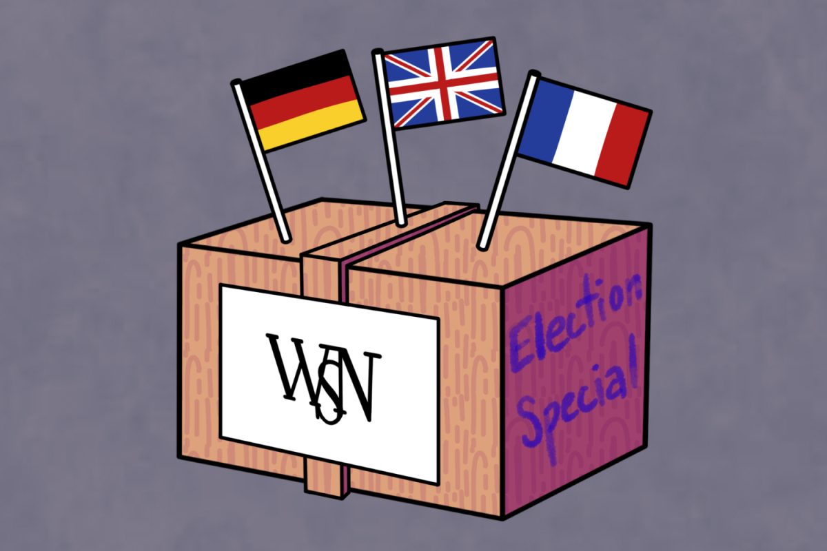 An illustration of a wooden box with three flags, Germany, the U.K. and France, stuck into the top. On one face of the box is a white sign saying “W.S.N.” and the other face has the words “Election Special.”