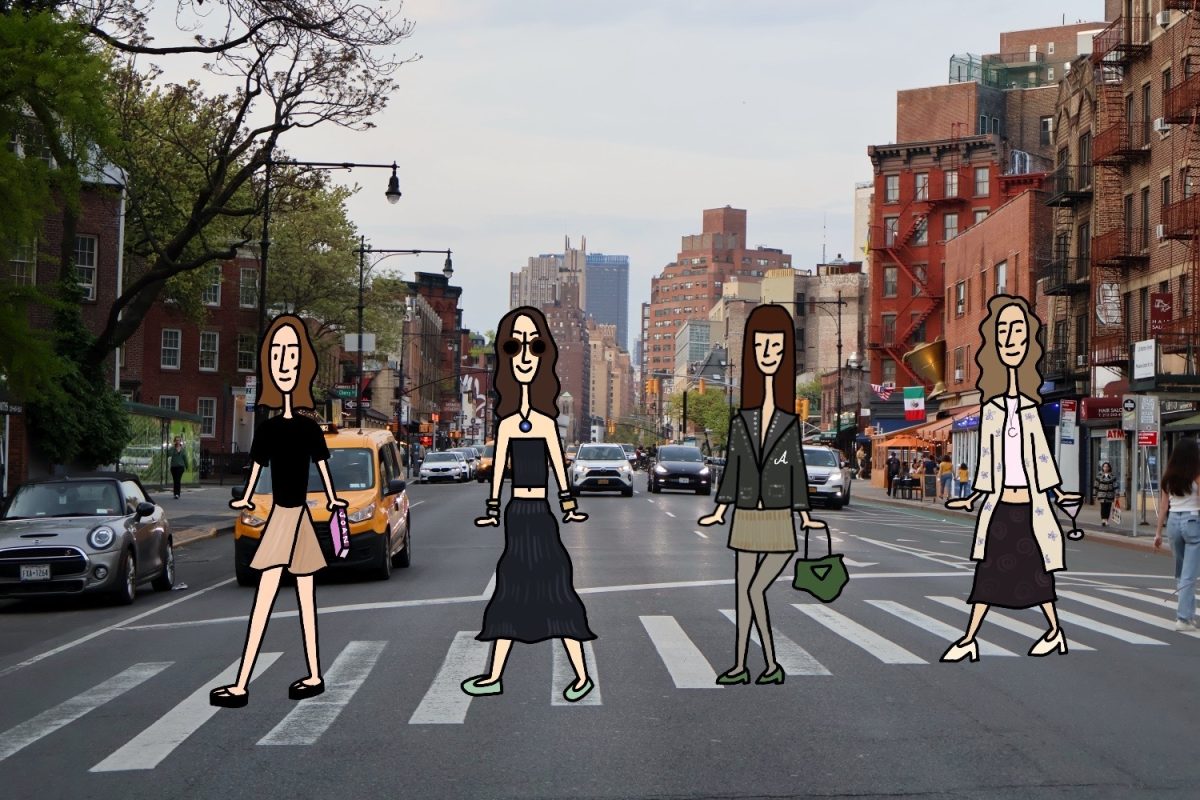 An illustration of four woman walking across a crosswalk. The first woman is wearing a black t-shirt and tan shorts and holding a book with the word "JOAN." The second woman is wearing a black tube top and maxi skirt with sunglasses and a blue necklace. The third woman is wearing a black leather jacket, a skirt and tights, and holding a green bag that matches her green heels. The fourth woman is wearing an oversized white jacket over a black skirt and holding a martini glass.