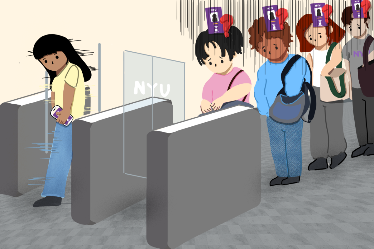 An illustration of a line of students struggling to find their N.Y.U I.D.s. Separately, a student walks through easily using their phone.