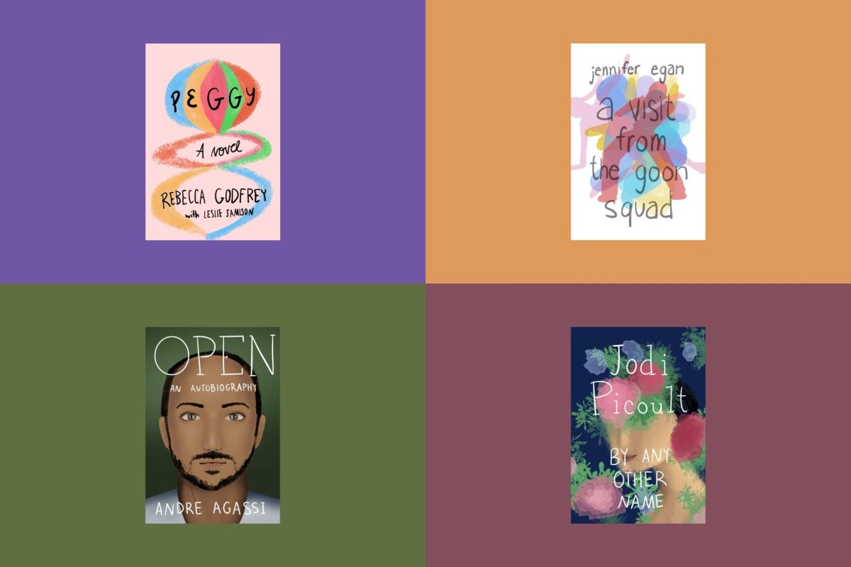 A collage of four illustrated book covers on solid-colored backgrounds.