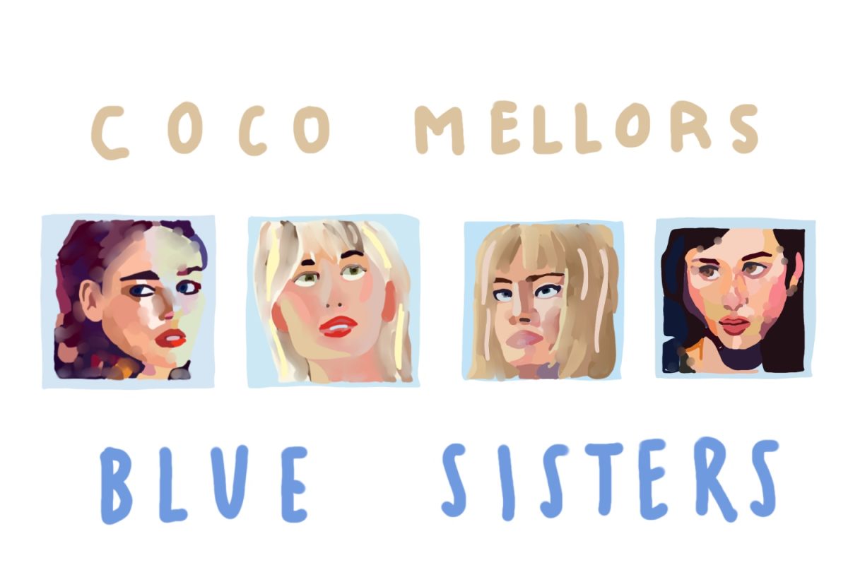 An illustration of four women’s faces, each in front of a blue square. The words “COCO MELLORS” are above the faces and “BLUE SISTERS” are below the faces.