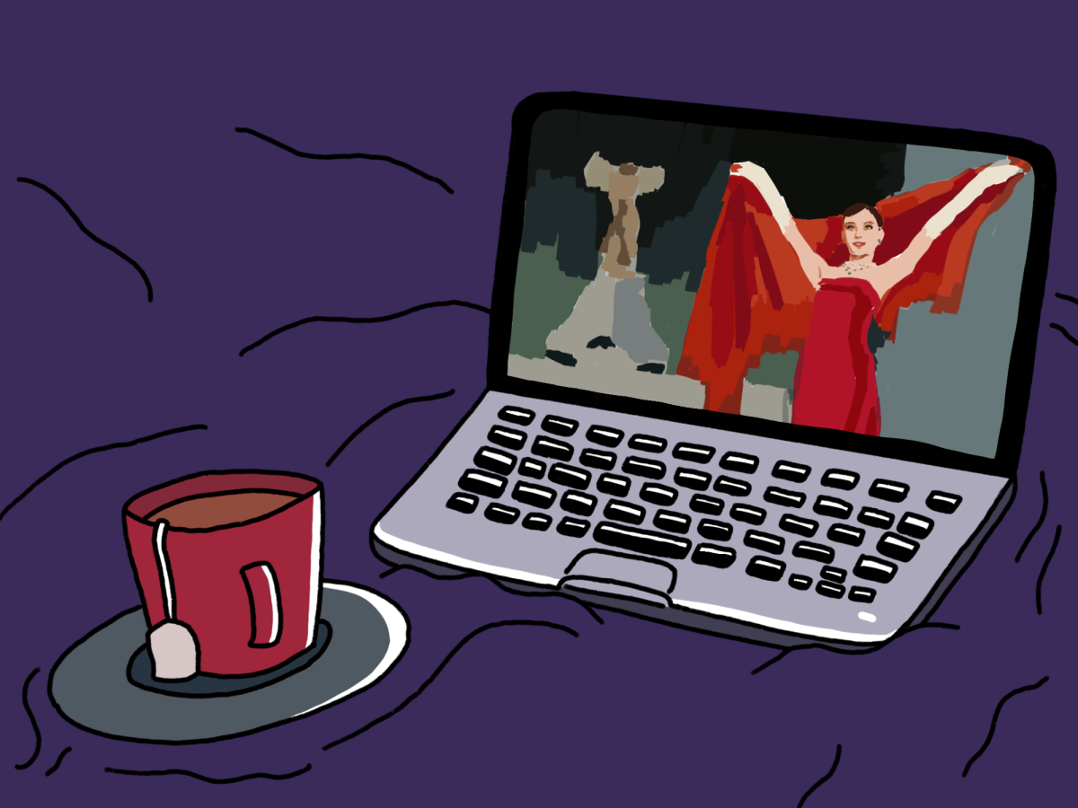 An illustration of a laptop screen and red mug in front of a purple background. On the screen is a woman in a red dress holding a red shawl above her head.