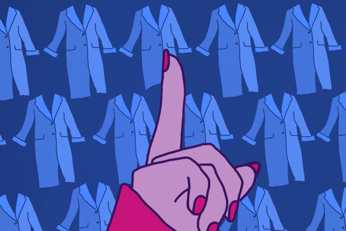 An illustration of a purple hand with its index finger up. In the background are repeated drawings of blue trench coats.