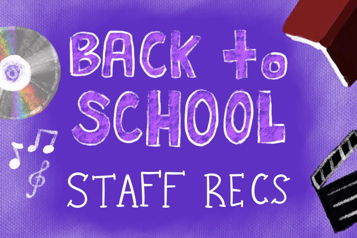 On a dark purple background, hand-drawn white letters spell “BACK TO SCHOOL STAFF RECS” with a C.D. and musical notes, an open book, and a black film clapperboard surrounding them.