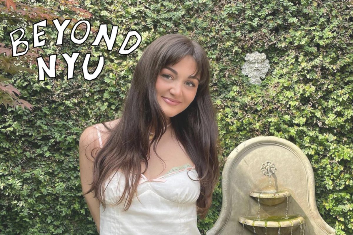 A brunette girl wearing a white top smiling, standing against a green wall, with the words “BEYOND N.Y.U" illustrated next to her.