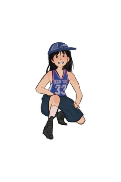 A smiling girl with black hair and bangs wearing a blue trucker hat, a blue “NEW YORK” jersey, baggy jorts and chunky sneakers.