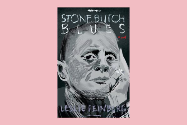 An illustration of a gray book cover with the author’s portrait. “STONE BUTCH BLUES" and “LESLIE FEINBERG" are written on it.