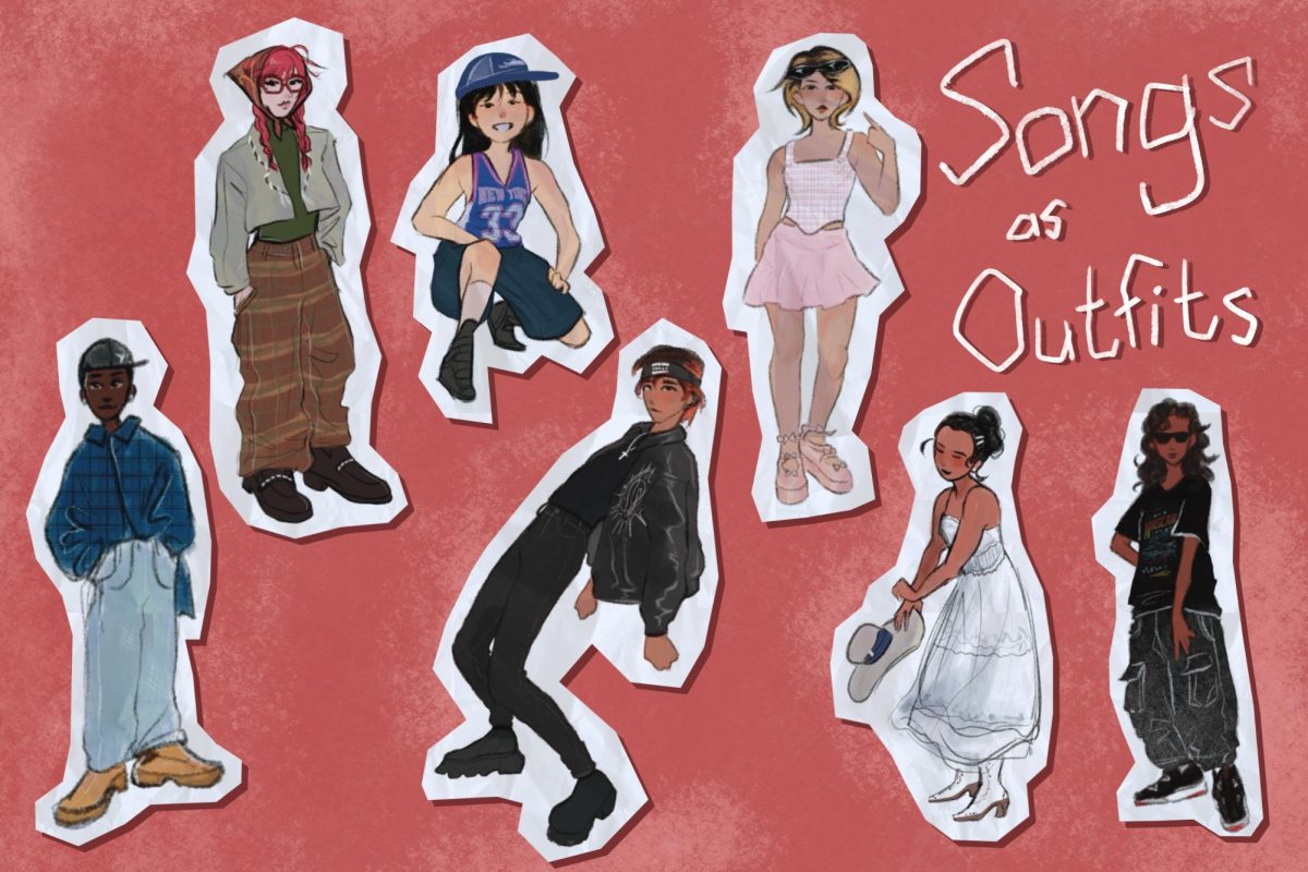 An illustration titled “Songs as Outfits” with seven different characters dressed in different styles against a red background.