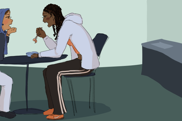 An illustration of a person in a crop top and jacket, eating and talking to another person.