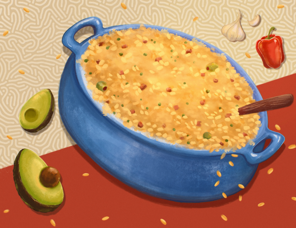 An illustration of yellow rice in a blue stew pot centered between avocados on the left and a bell pepper and garlic on the right, set against a background split between beige and red.