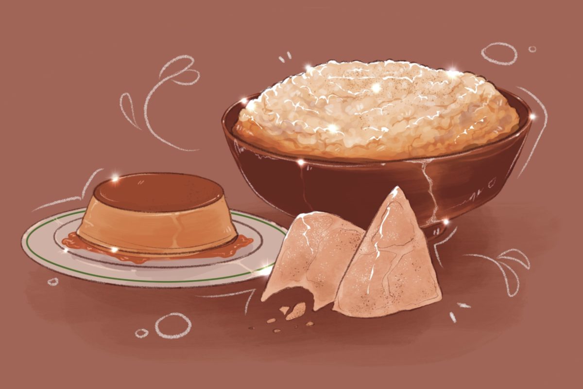 A sparkling illustration of triangular chips in front of a plate with a shiny pumpkin-colored flan, and a bowl of yellow and white grains.