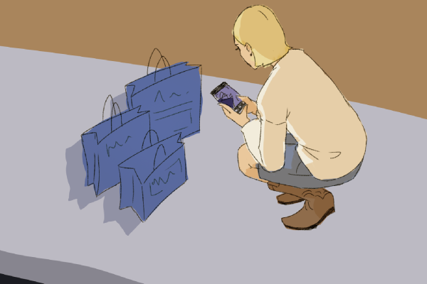 An illustration of a student crouching down wearing jorts, brown boots and a sweater. She is taking a photo of blue bags