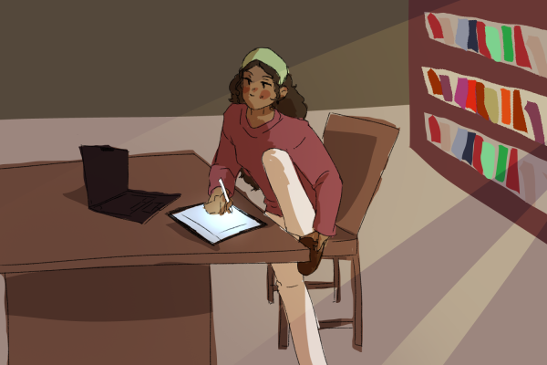 An illustration of a girl wearing a burgundy sweater and beige linen pants sitting in a library. She is writing on her iPad with her computer on a brown table.