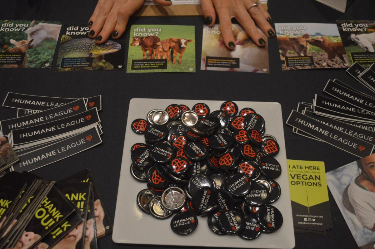 A table with various pins and stickers with the “HUMANE LEAGUE” logo. Brochures and magnets are also placed scattered on the table.