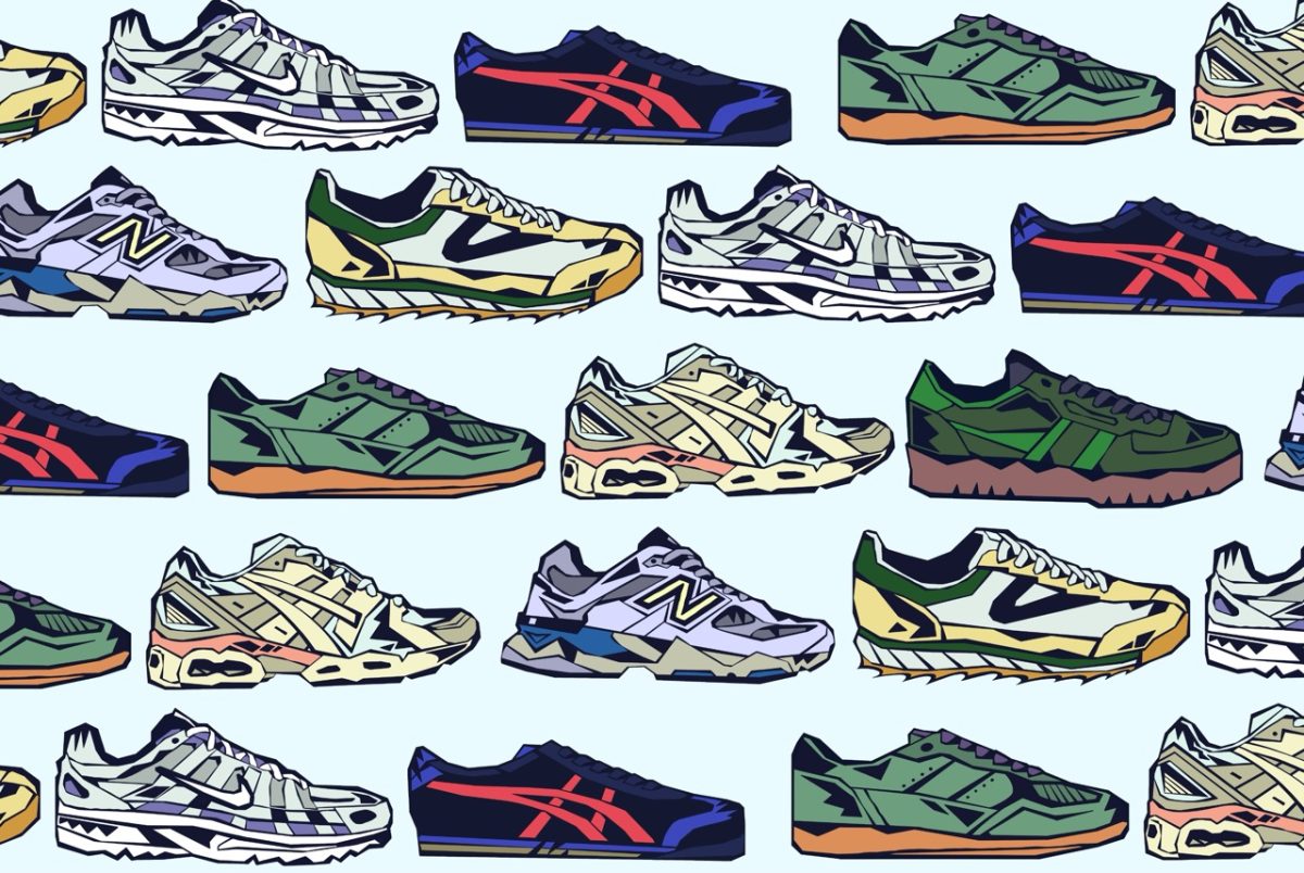 A pattern of various multicolored sneakers in front of a blue background.