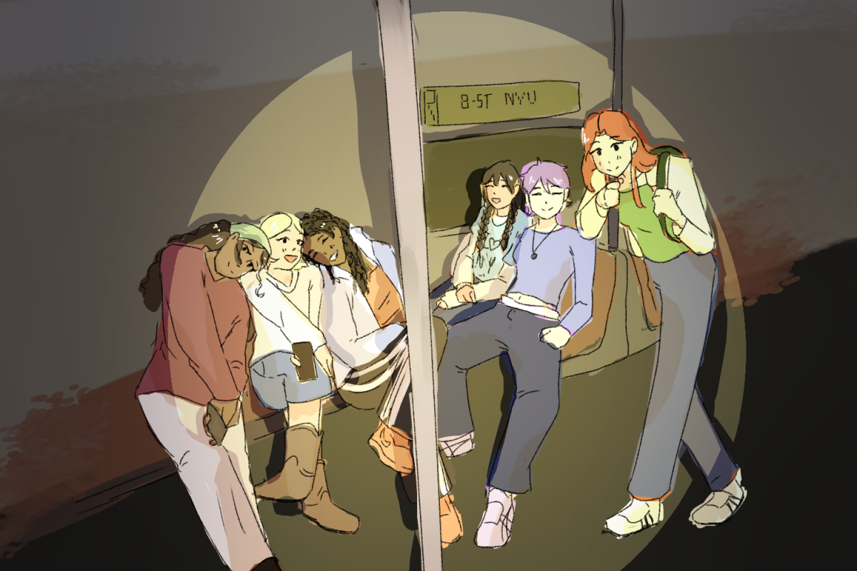 An illustration of a group of students sitting together in a train going to N.Y.U, showing off their outfits