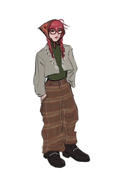 A girl with red hair in braids wearing an oversized gray blazer over a green shirt, baggy plaid pants, loafers and a brown headscarf.