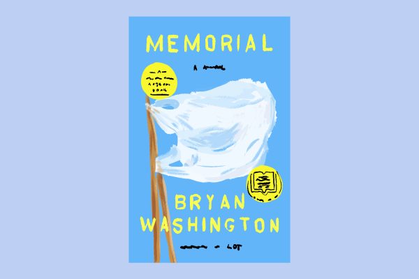 An illustration of a blue book cover with a plastic bag on a stick, with “MEMORIAL” and “BRYAN WASHINGTON” written on it.