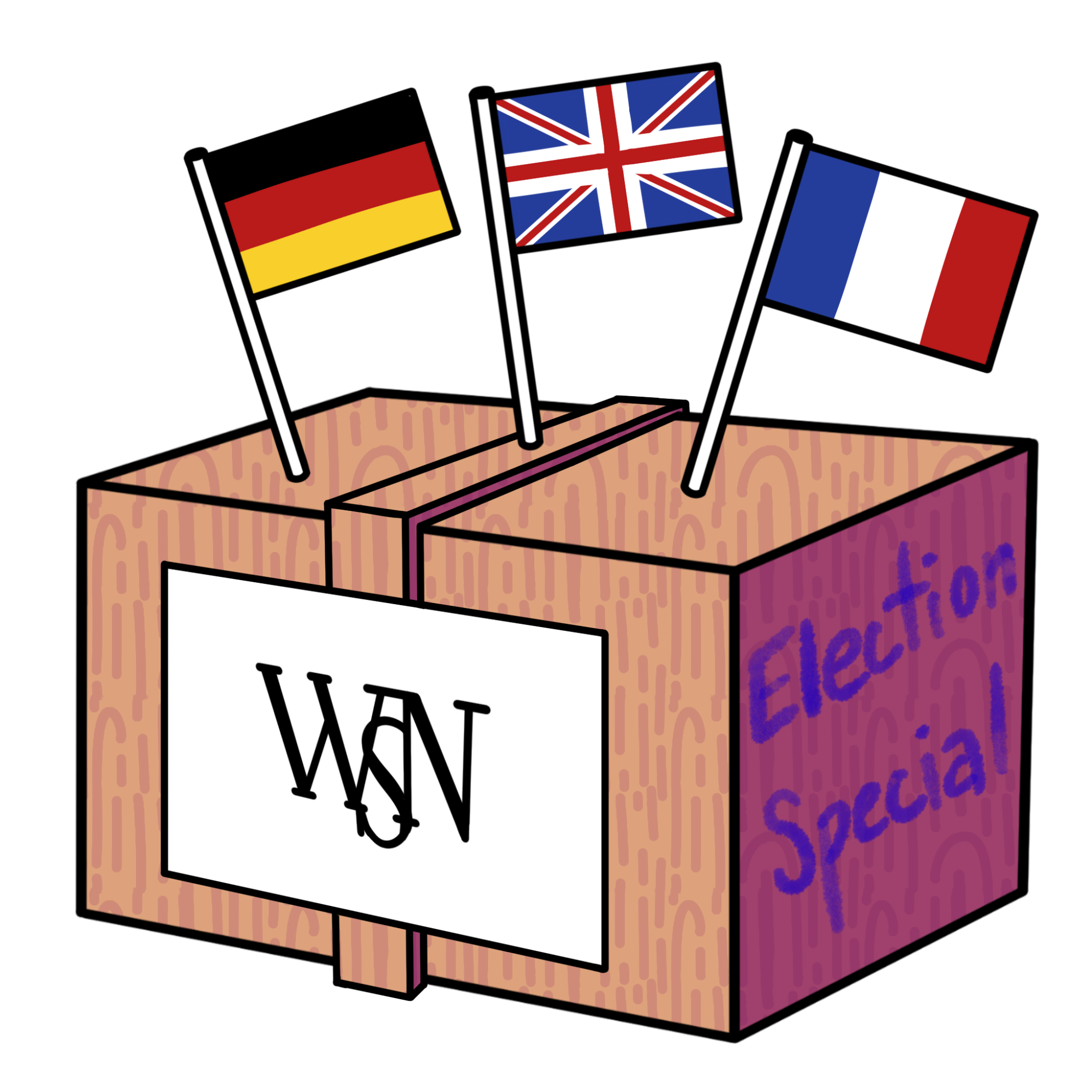 An illustration of a wooden box with three flags, Germany, the U.K. and France, stuck into the top. On one face of the box is a white sign saying “W.S.N.” and the other face has the words “Election Special.”