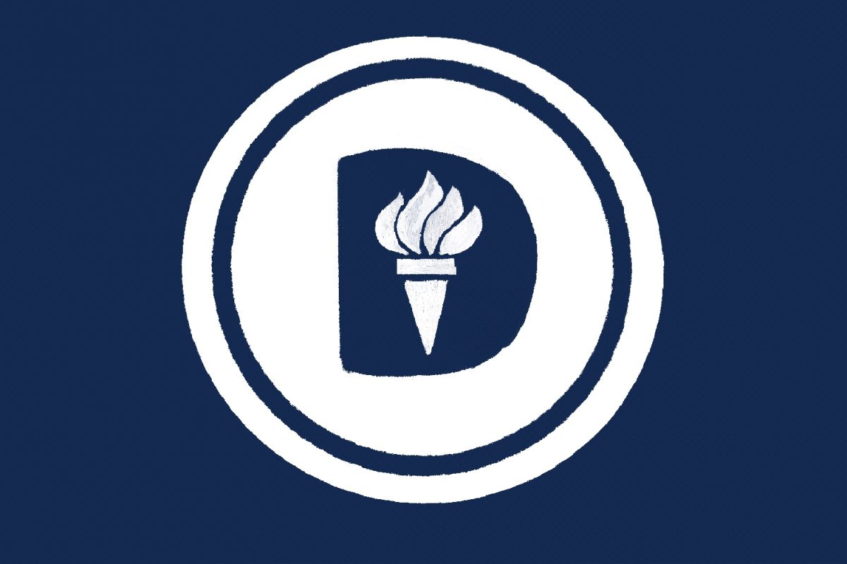 An illustration of a navy blue “D” with a white icon of the N.Y.U torch placed in the middle.