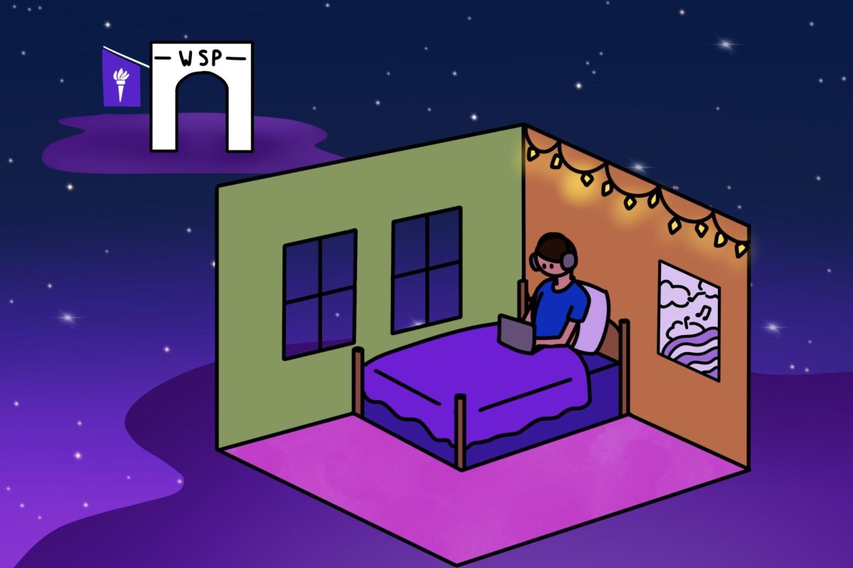 An illustration of two purple islands in a starry night sky. The further one is a white arch with “W.S.P.” and an N.Y.U. flag and on the closer one is a person sitting in a bedroom on their laptop.