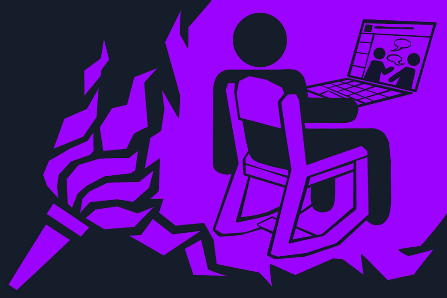 An illustration of a violet torch illuminating a student doing an N.Y.U. training module on their computer.