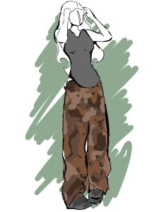 A sketch illustration of a model wearing a gray top and animal print pants.