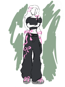 A sketch illustration of a model wearing a black top and black pants covered with pink bows.