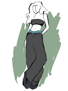 A sketch illustration of a model in a crop top and low rise pants, with the waistband of their boxers visible.