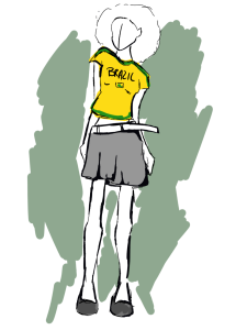 A sketch illustration of a model in a top with the word "Brazil" and the pattern of the Brazilian flag.