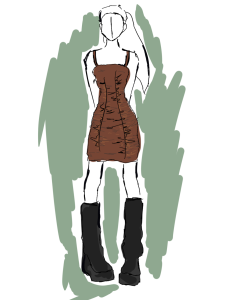 A sketch illustration of a model in a ruched brown dress.