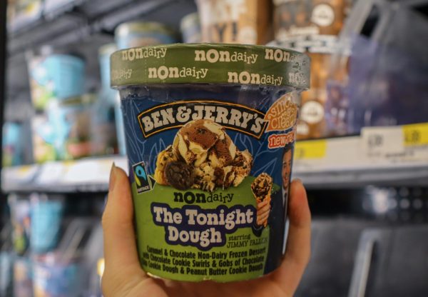 A tub of ice cream with “Ben & Jerry's non-dairy The Tonight Dough” written on it.