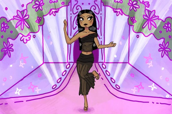 An illustration of a pink and purple runway with sparkles and flowers. In the middle is a girl with straight black hair wearing a black one-sleeved top with a mesh panel and a long skirt.