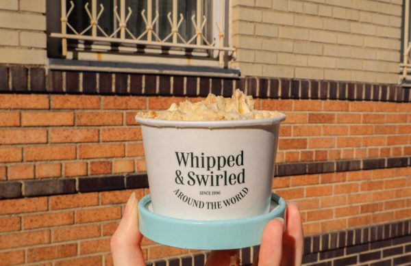 A hand holds a container of apple pudding in front of a brick wall. The container reads “Whipped & Swirled Around the World since 1996.”