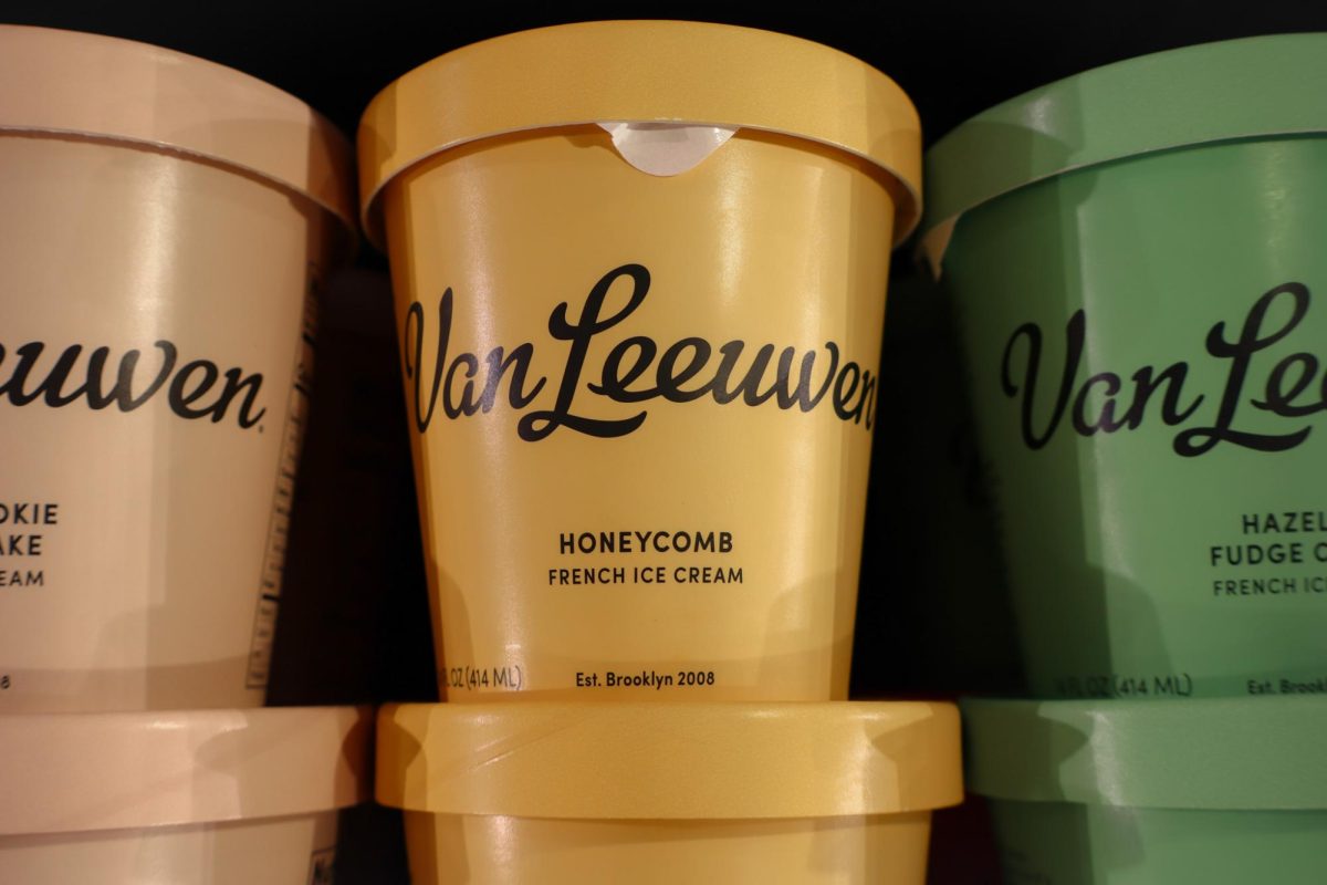 A tan, yellow and green tub of ice cream sit beside each other. They read, “Van Leeuwen French Ice Cream” on the front.