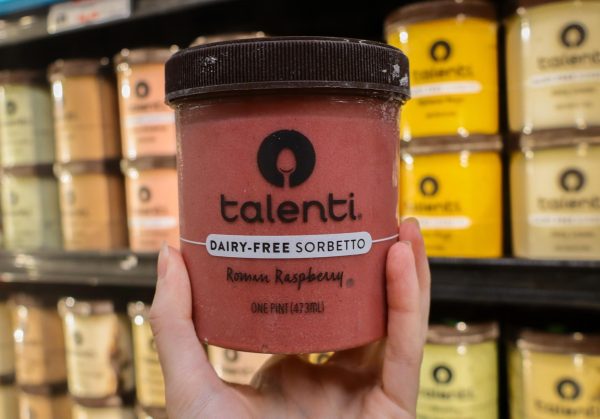 A tub of sorbet with “Talenti dairy-free sorbetto Roman Raspberry” written on the front.