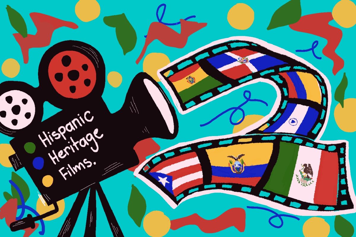 An illustration of a film camera that says “Hispanic Heritage Films” next to a reel with the flags of several Hispanic countries on it.