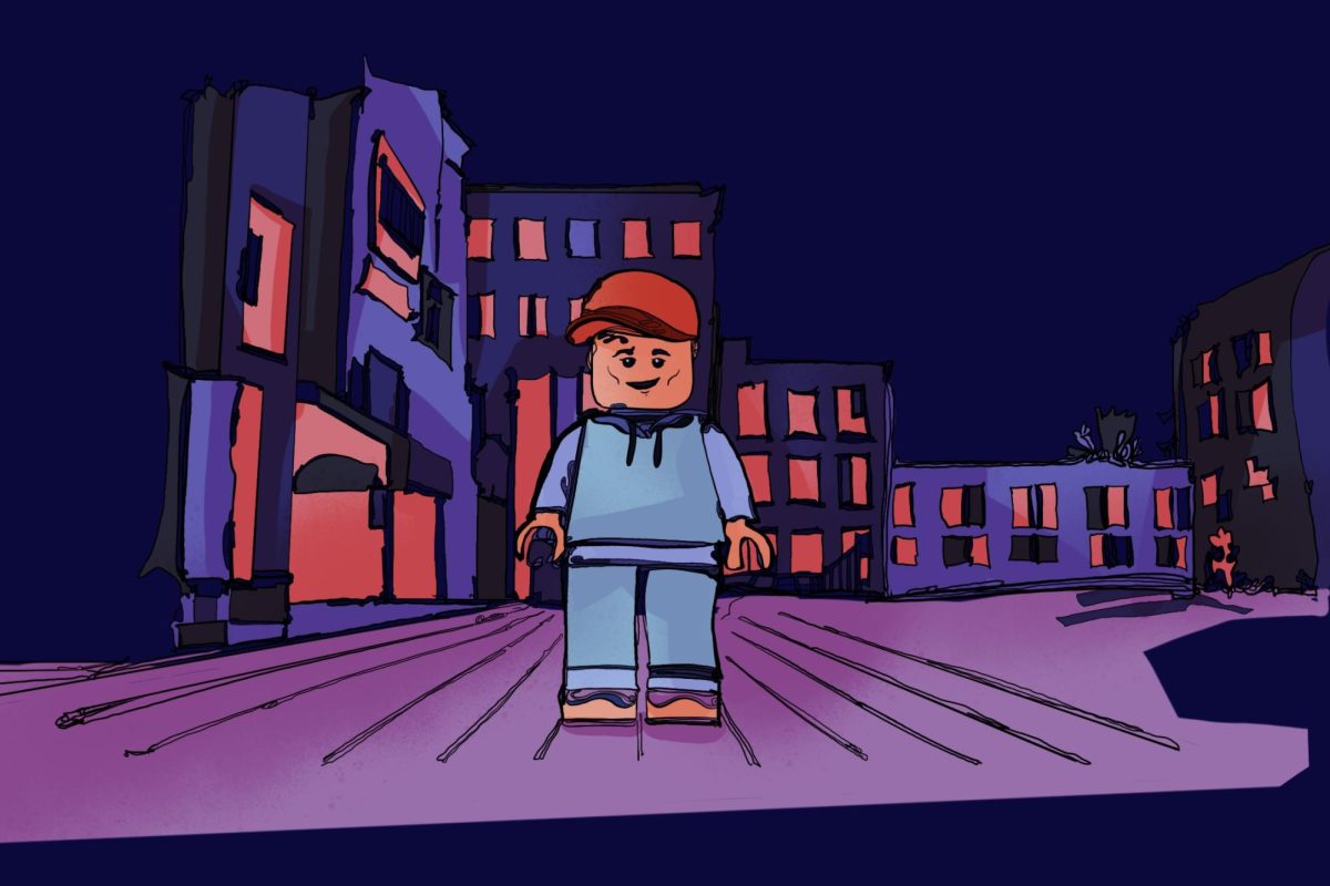 An illustration of a purple lego figure in front of a purple and dark blue cityscape.