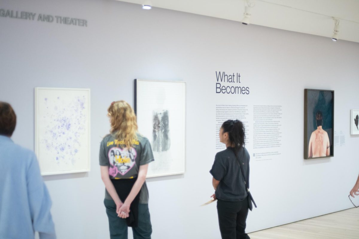 A white gallery wall showcasing a series of paintings as people observe.