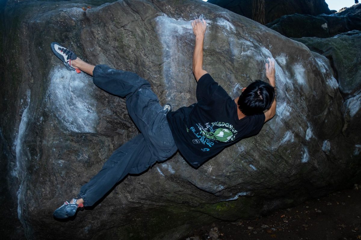 A person wearing black shirt climbing a natural rock wall.