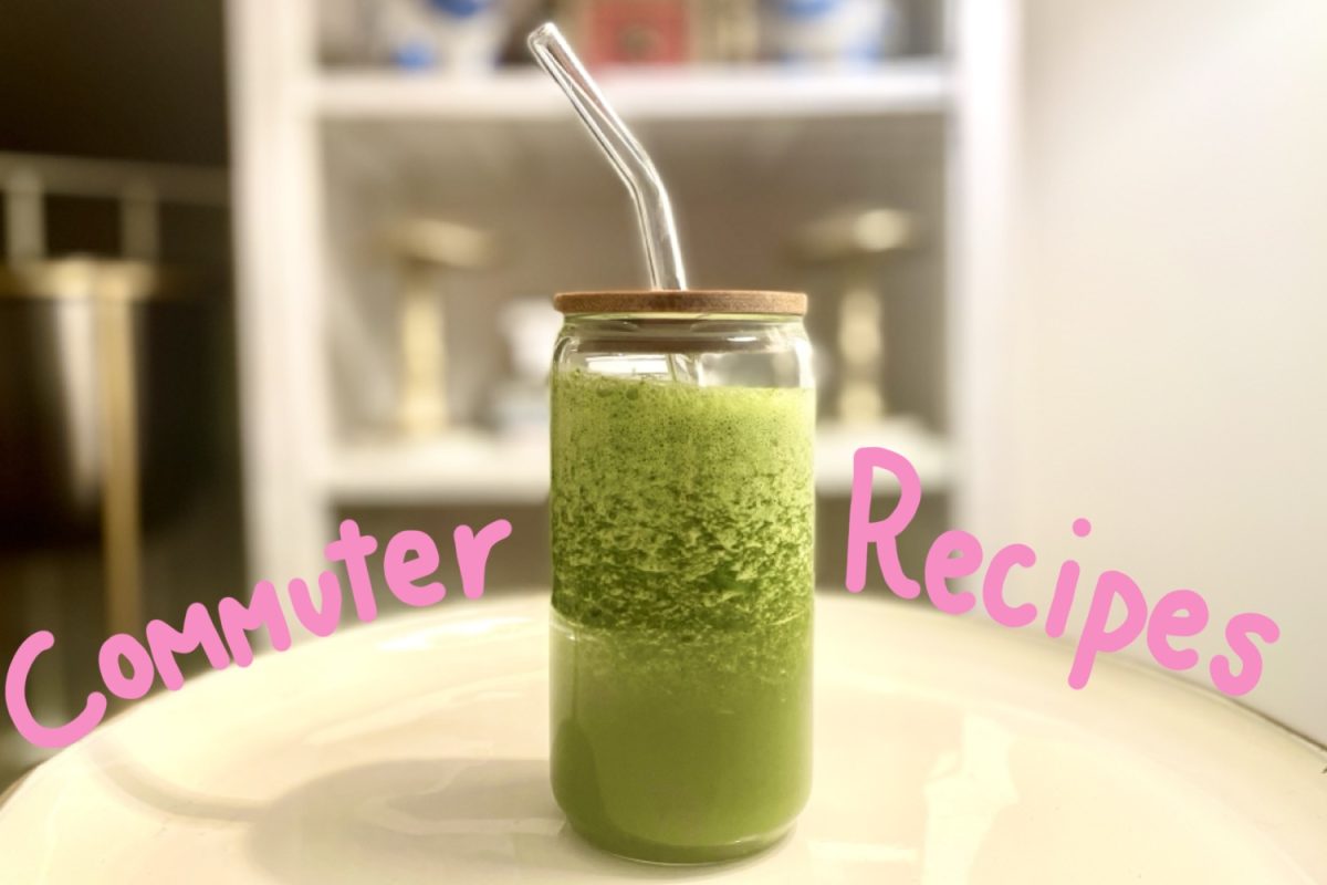 A glass jar filled with green smoothie. Pink text overlain on the image reads “Commuter Recipes.”