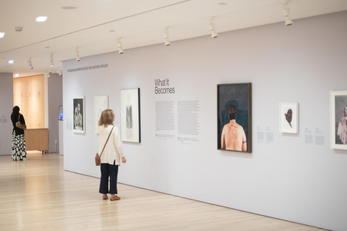 A white gallery wall showcasing a series of paintings as people observe.