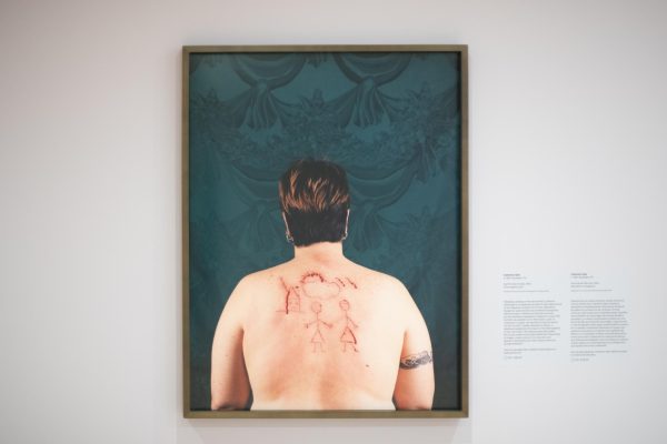 A multimedia piece featuring a model's bare back, with various illustrations carved into it.