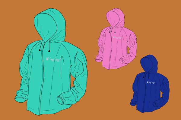 On an orange background are three hooded raincoats in teal, pink and royal blue.