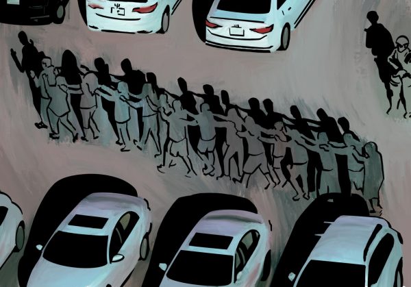 An illustration of people lined up with their hands on each others' shoulder in a parking lot.