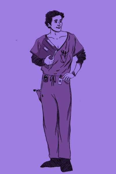 Illustration of a man on a purple background wearing scrubs while holding a clipboard.